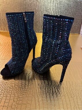 Embellished Peep-Toe Ankle Boots in Iridescent Blue